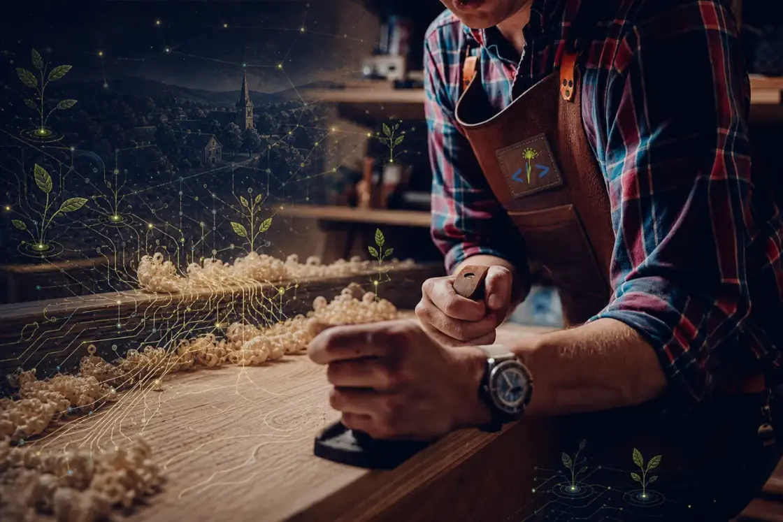 Un artisan travaille le bois dans son atelier, prolongé par un réseau de racines et de circuits.