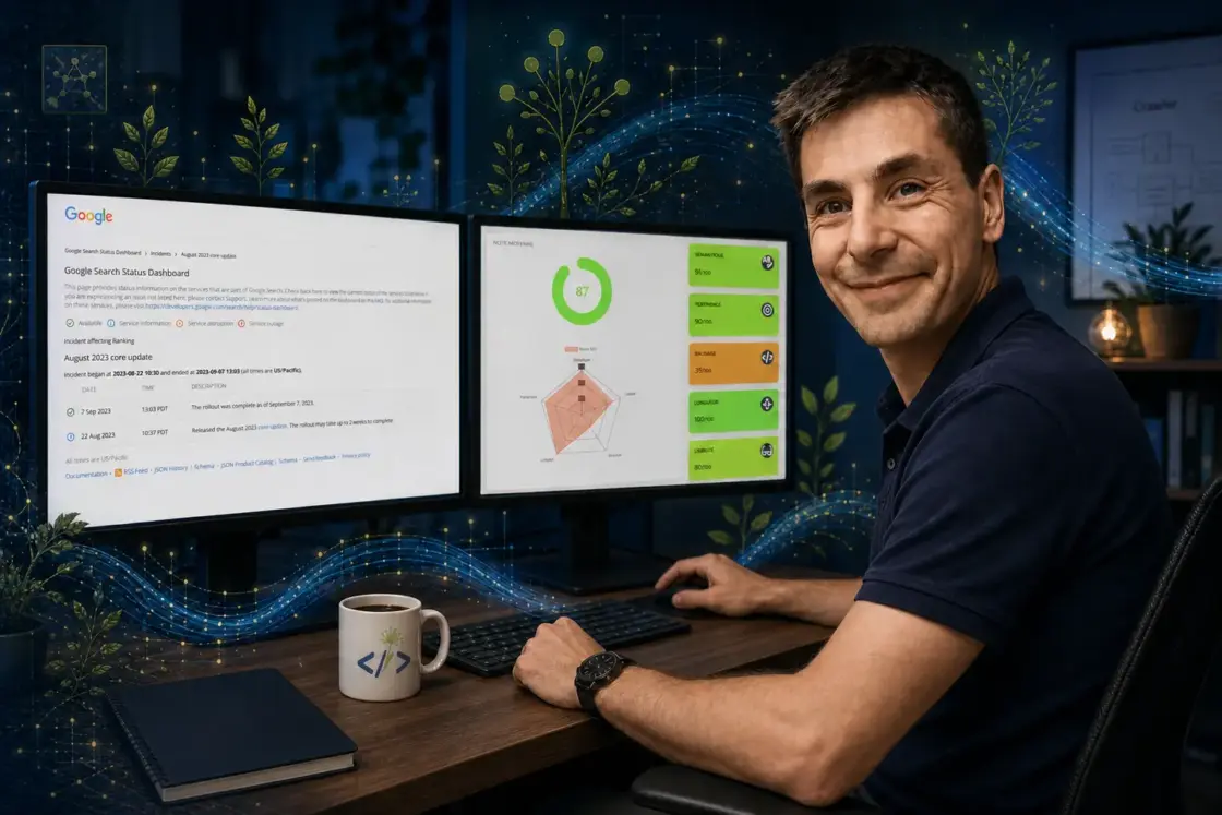 Alban analyse une mise à jour Google sur plusieurs écrans reliés à un écosystème numérique.