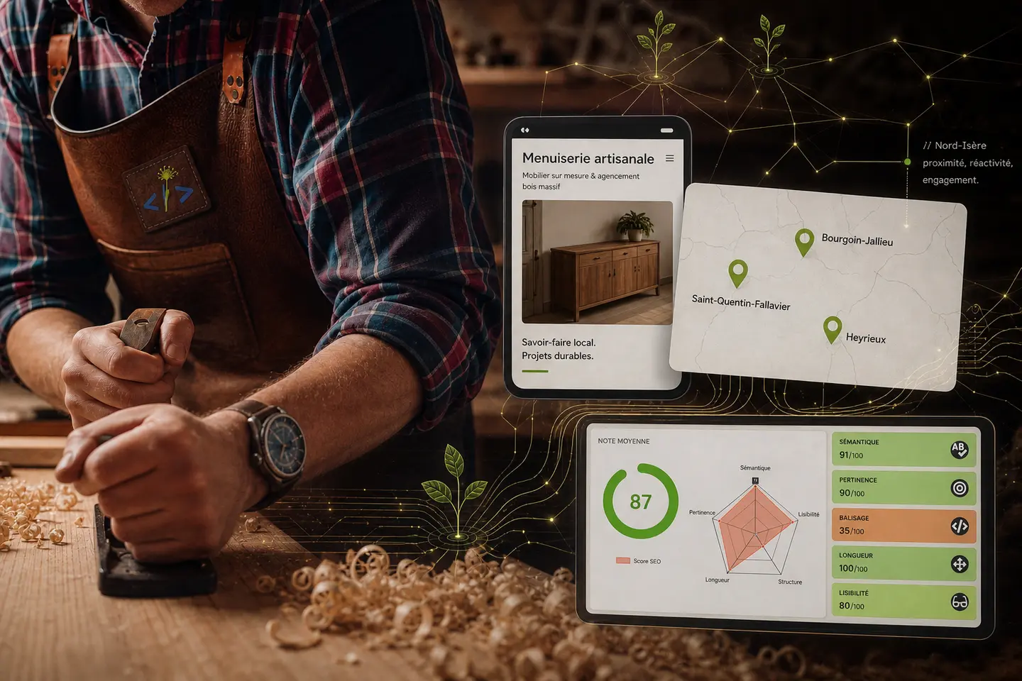 Artisan menuisier relié à une carte du Nord-Isère et à un audit SEO local.