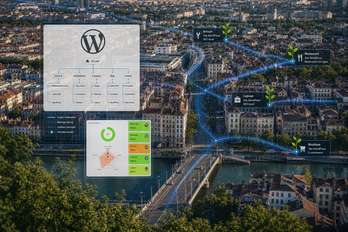 Vue de Lyon reliée à une architecture WordPress et à un audit SEO technique.