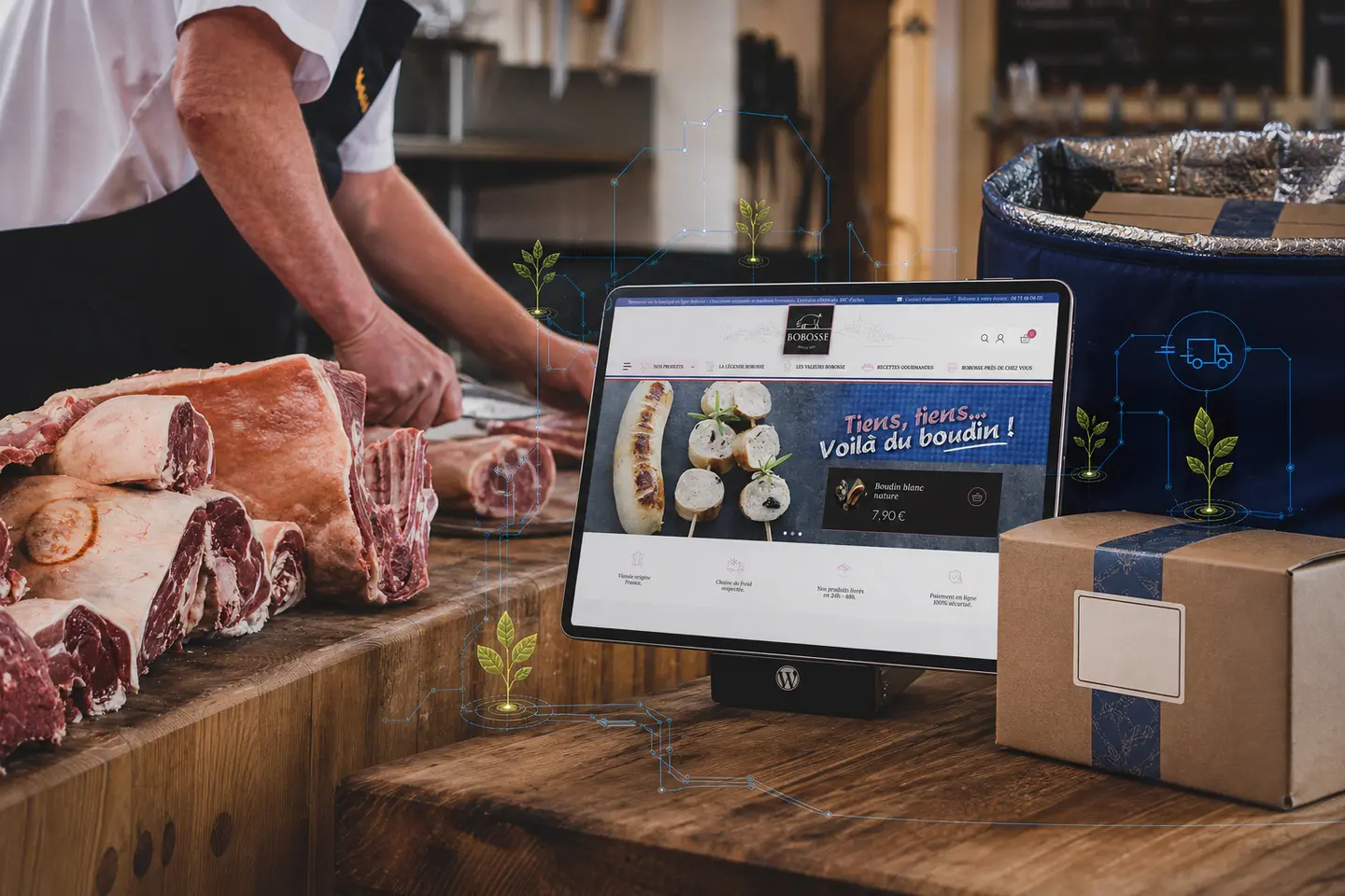 Artisan charcutier, boutique WooCommerce Bobosse et préparation d’une commande en ligne.