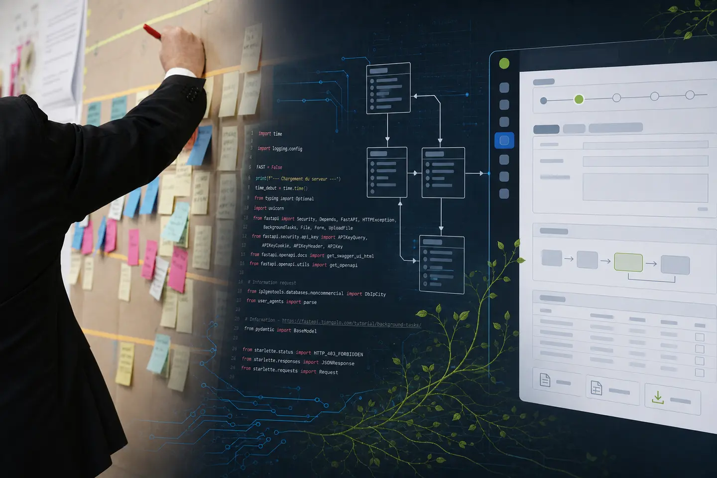 Atelier de processus relié au code, aux données et à une application métier sur mesure.