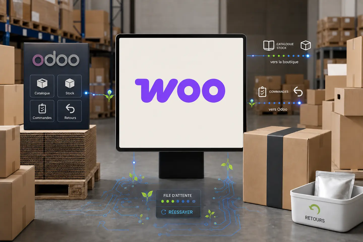 Logos Odoo et WooCommerce reliés aux stocks, commandes, colis et retours d’un entrepôt.