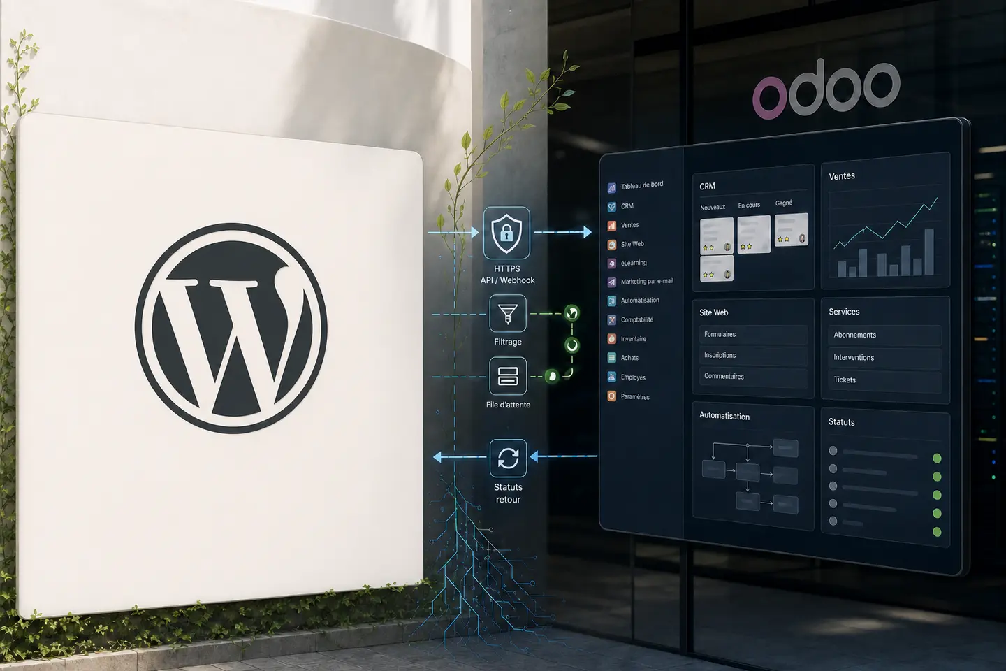 Logo WordPress relié à Odoo par des échanges sécurisés et supervisés.